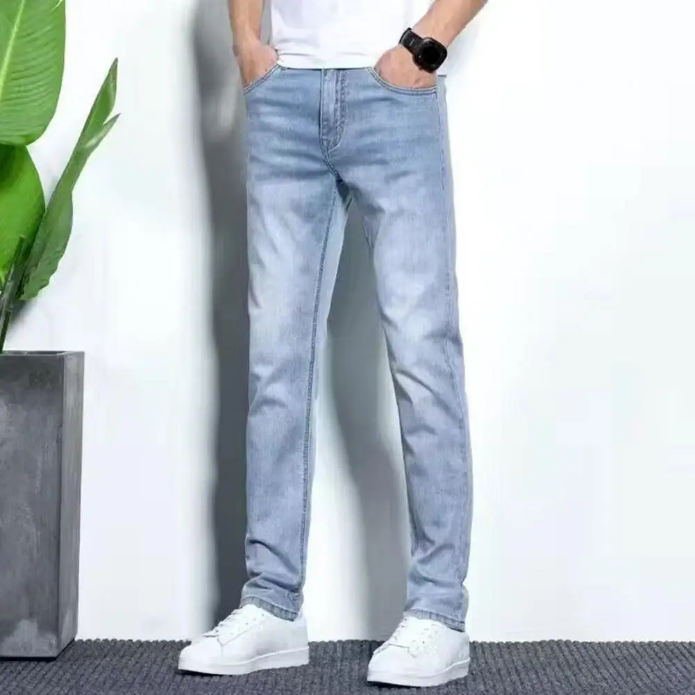 

Denim Fabric Men Jeans Stylish Men's Mid-rise Denim Jeans with Button Zipper Closure Pockets Solid Color Small-legged for A