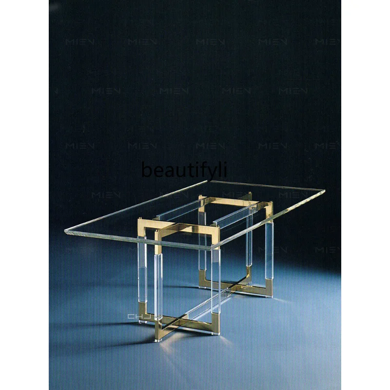 

Transparent Acrylic Dining Table Stainless Steel Electroplated Champagne Gold Base Imported High Permeability Organic Glass