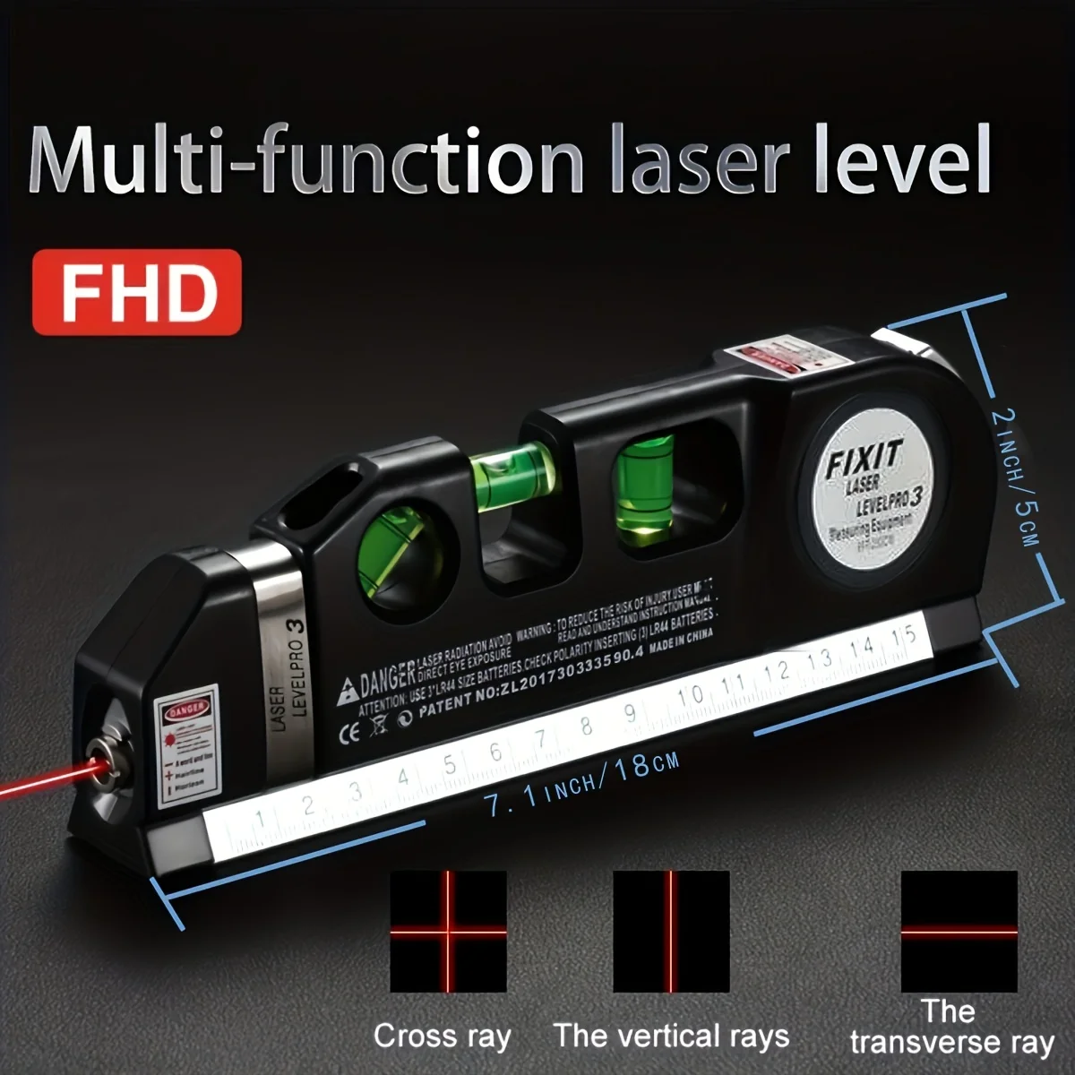 Laser Level Line Tool, Multipurpose Laser Level Kit Standard Cross Line leveler Beam Tool with Metric Rulers 8ft/2.5M