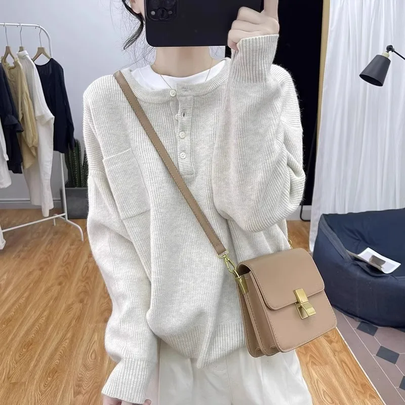 

Корейский стиль: женский вязаный свитер больших размеров с длинным рукавом, на пуговицах, с полуоткрытым воротником, осенне-зимний, модный, повседневный, удобный