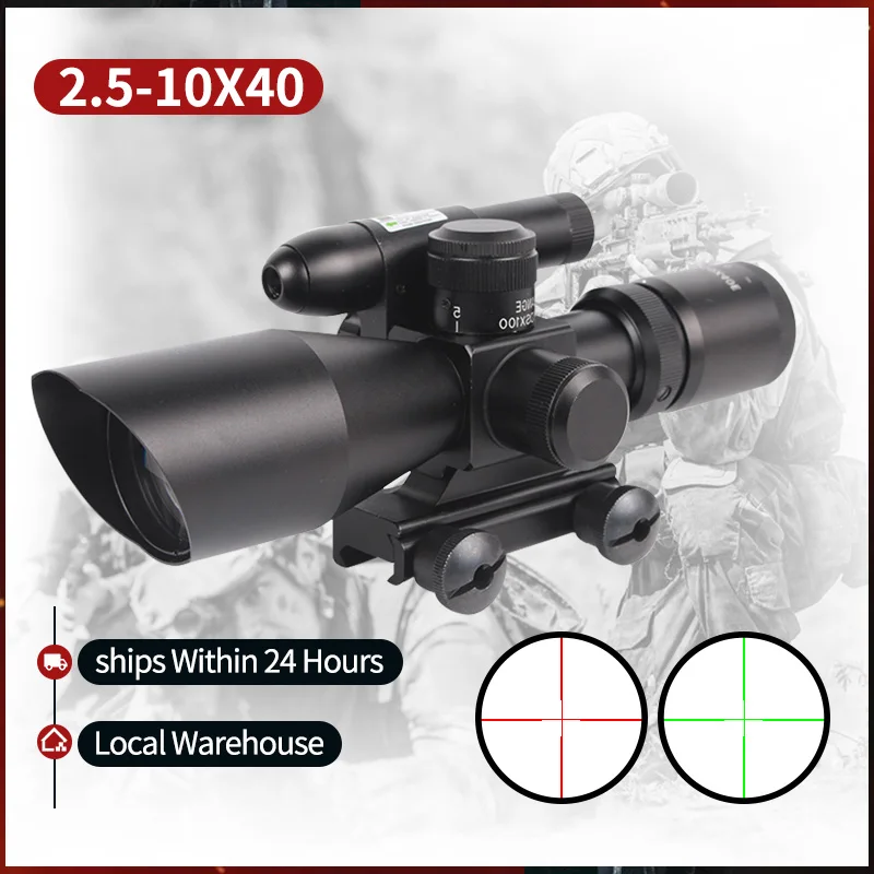 2.5-10X40 Hunting Riflescope Green Dot Laser Tactical Optical Sight Scope Airsofts Air Gun Combo Rifle Scopes