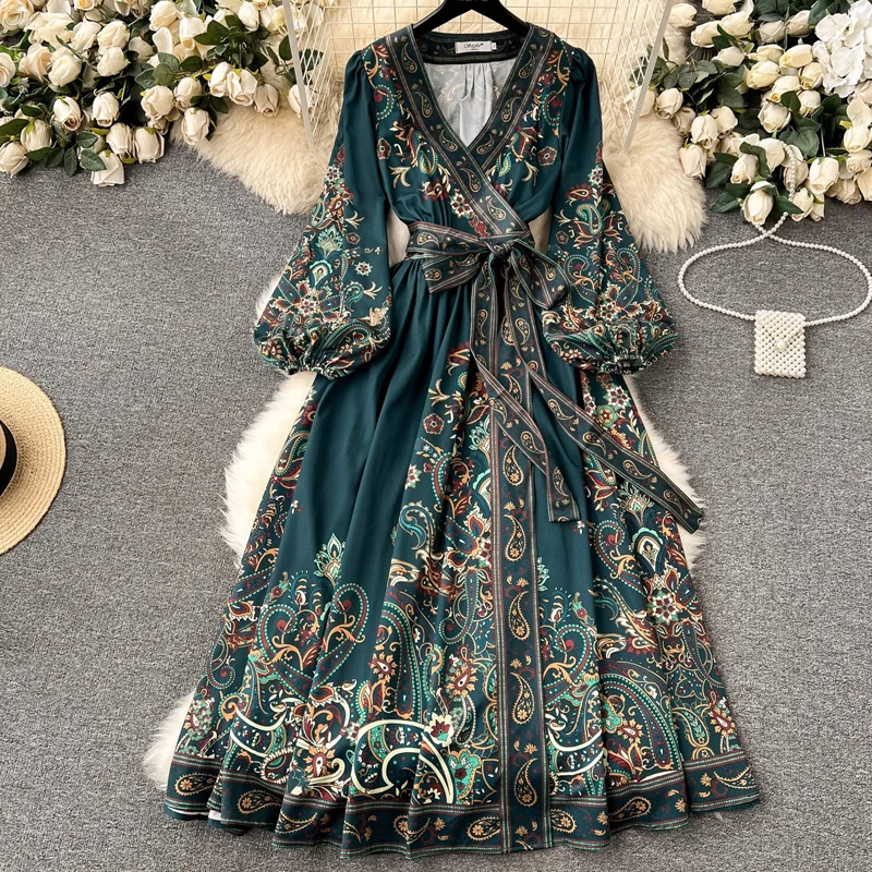 

One-piece V Neck Long Puff Sleeved Vintage Paisley Printed Sashes A-line Elegant Long Dress