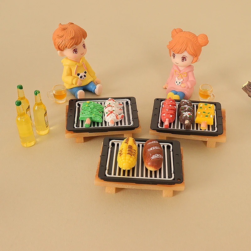 1Set Dollhouse Miniature Barbecue Plate Bread Kebab Kitchen Food Model Decor Toy Doll House Accessories