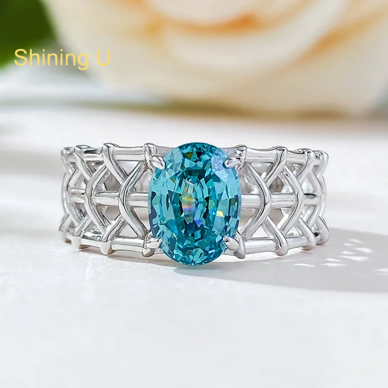 

Shining U S925 Silver Oval 6*8mm High Carbon Daimond Aquamarine Ring for Women Fine Jewelry Anniversary