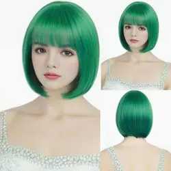 Elegant Fashionable Women's Green Bob Wig 12-Inch, High Temperature Fiber, Straight Hair, Buckle Net Cap- synthetic Wigs
