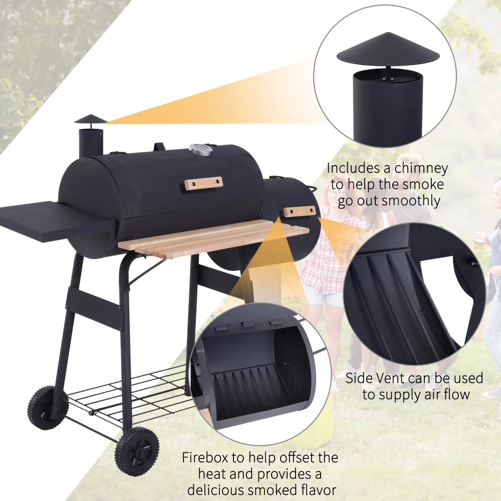 Outsunny Griglia per barbecue a carbone portatile da cortile da 48 pollici in acciaio attrezzato e affumicatore offset combinato con ruote Ideale per cucinare sul posto