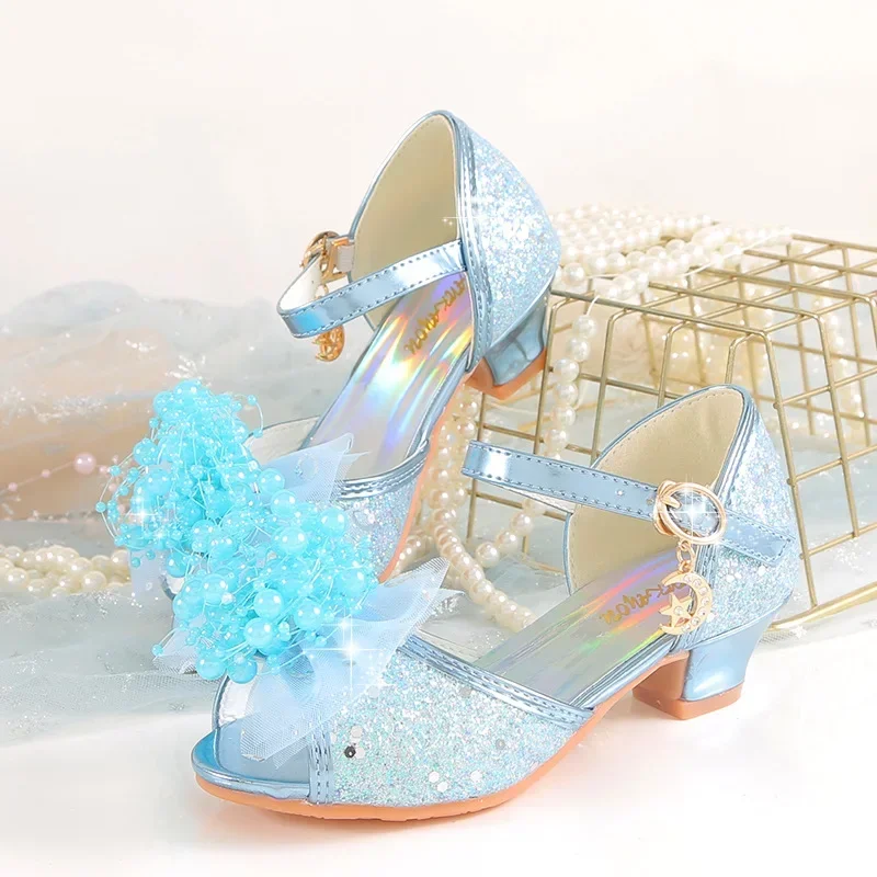 

New Kids Sandals Bright Diamond Flowers Girls High Heels Sandals Bowknot Children's Soft Soled Dance Shoes Crystal Wedding Shoes