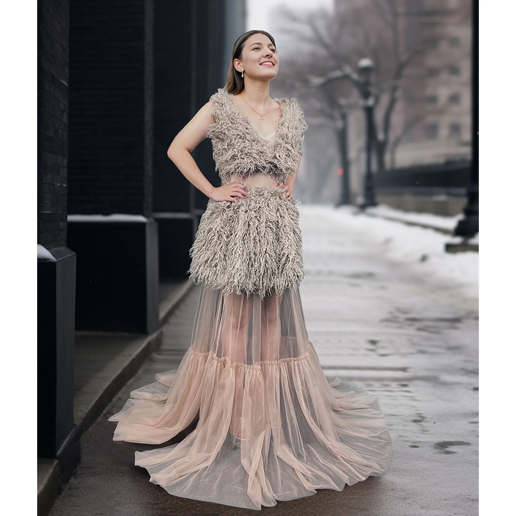 

Don&Judy Maternity Photography Dresses Faux Fur Top and Skirt with Matched Tulle Skirt Set for Pregnant Woman Baby Shower Gift