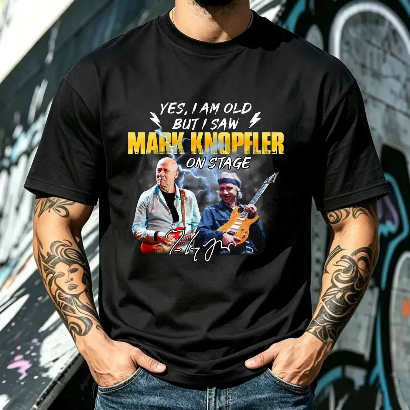 washed T Shirt YES I AM OLD BUT SAW MARK KNOPFLER ON STAGE vintage Washed Versatile Top For Everyday Wear Stretched Soft