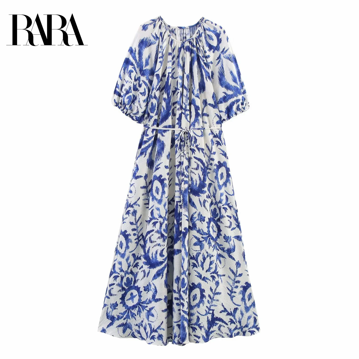 

RARA2025 new summer women's casual fashion loose round neck bubble short sleeves tie waist slim medium long dress
