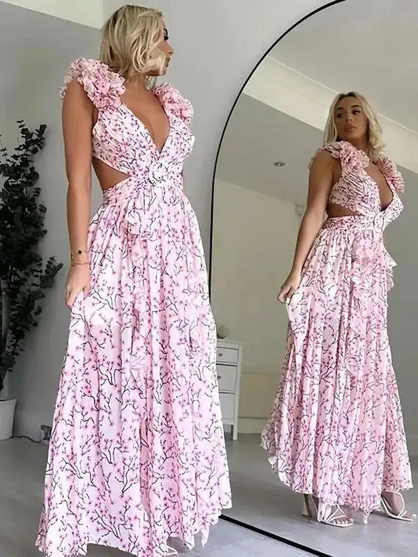 Abito lungo con stampa sexy per le vacanze estive Abito lungo con scollo a V profondo senza schienale Abito floreale con volant slim fit Abiti da donna alla moda dolce