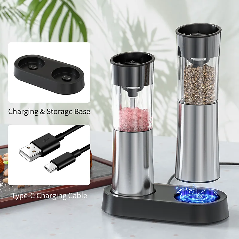 USB Rechargeable Electric Salt and Pepper Grinder Stainless Steel Pepper Grinder Type-C Charging Pepper Mills With Storage Base