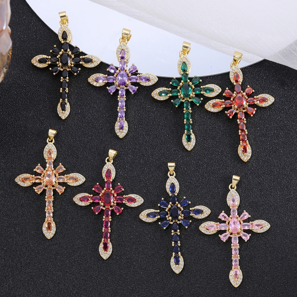 Juya 18K Real Gold Plated Religious Rosary Jewelry Components Handmade Cubic Zirconia Catholic Christian Crosses Charms Supplies
