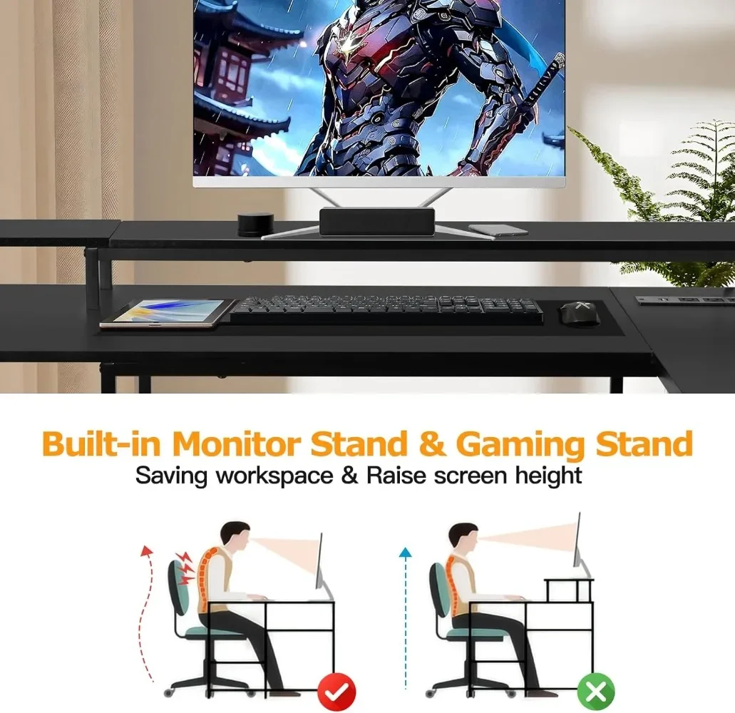 L Shaped Gaming Desk with LED Lights & Power Outlets, Reversible Computer Desk with Stand & Shelves
