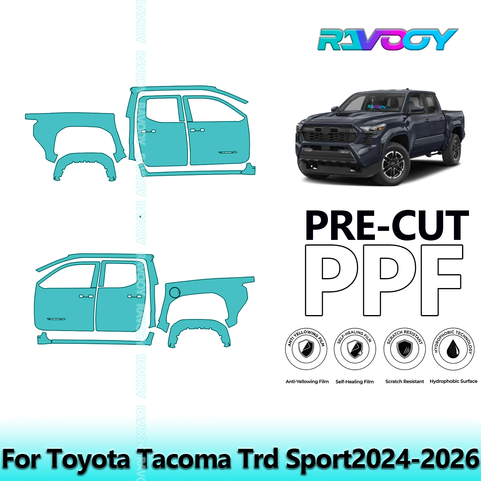 

For Toyota Tacoma Trd Sport2024-2026 8.5mil Clear Matte Pre-Cut PPF Door & A/B Pillar Kit TPU Paint Protection Film Set