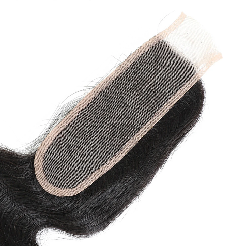 Cabelo indiano do Virgin com fechamento transparente do laço, fechamento da onda do corpo, cor pré-arrancada, natural, parte média, 10-22 dentro, 2x6