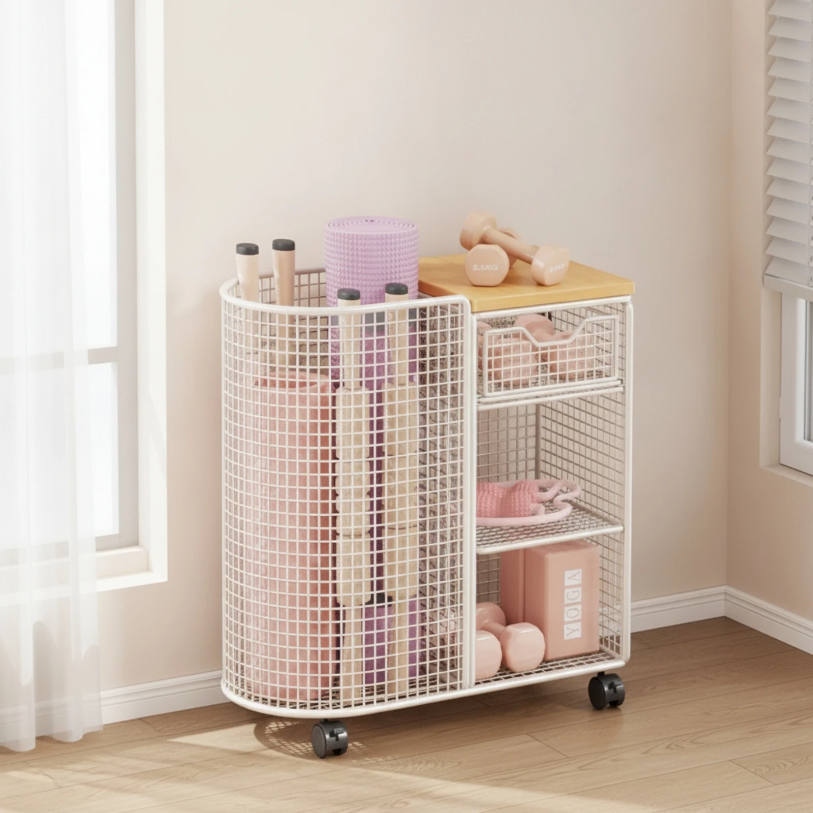 Rolling Storage Cart with Wooden Top Wire-Mesh Sports Equipment Organizer Fitness Mat Holder Floor-Standing for Athletes view 6