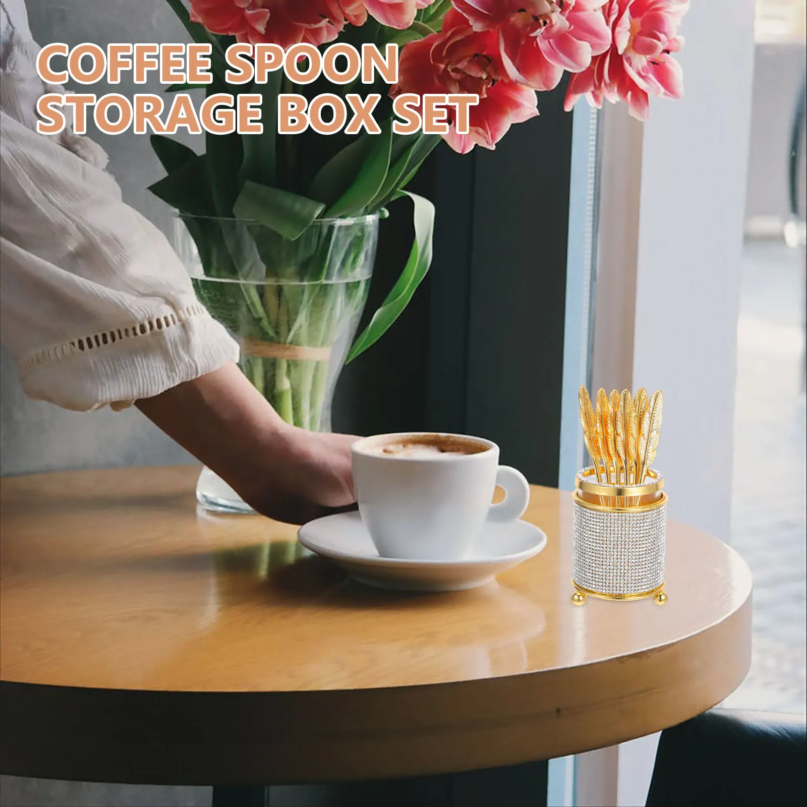 

1 Set Coffee Spoon Set Gold Zinc Alloy Rhinestone Glass Holder Vintage Crystal Teaspoons Organizer For Dessert Tea Stirring