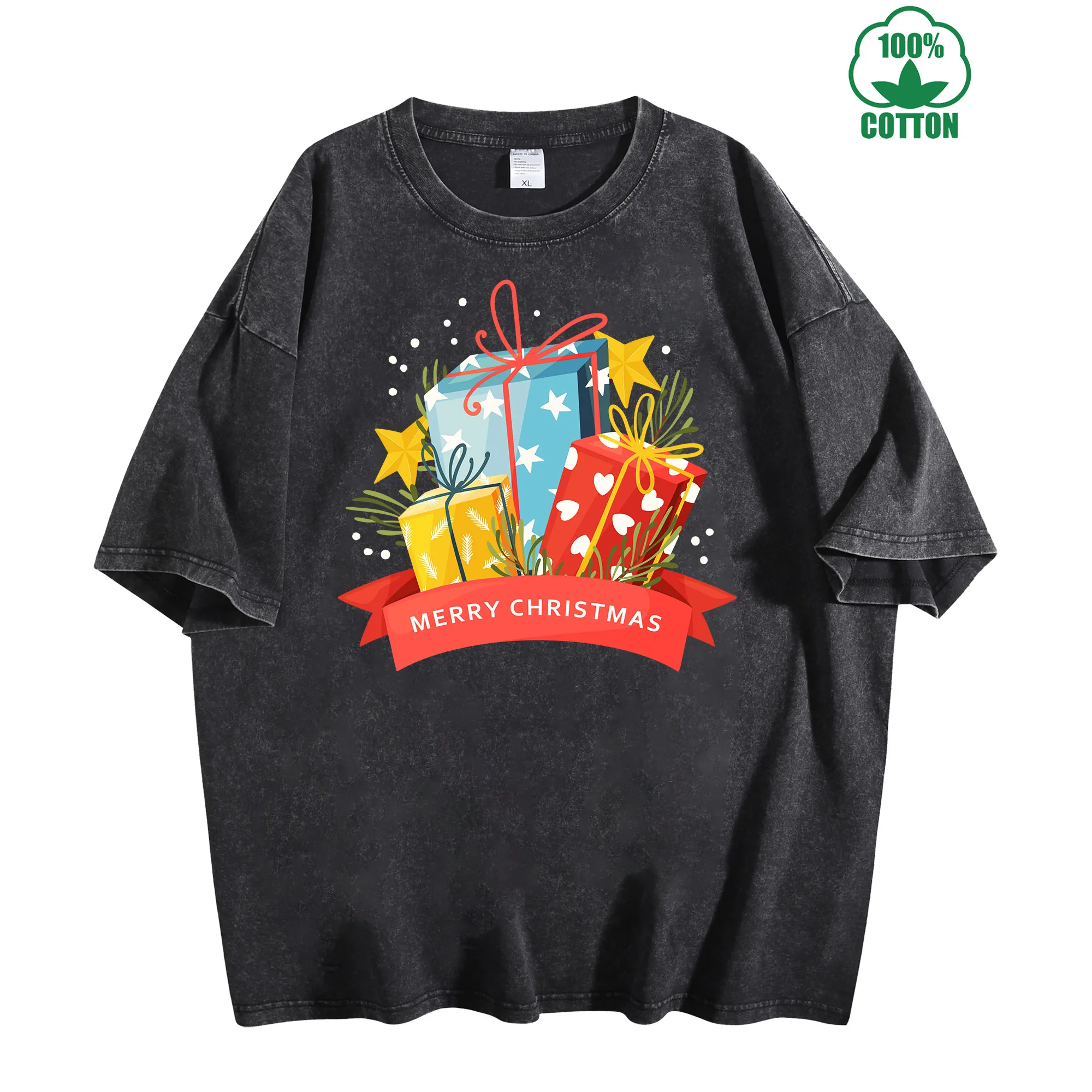 تي شيرت كلاسيكي مطبوع عليه رسومات عيد ميلاد سعيد 230 جرام 100% قطن للجنسين ملابس خروج كبيرة الحجم مريحة #2