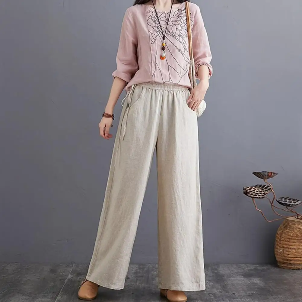 Women Pants Elastic Waistband Adjustable Drawstring Wide Leg Long Pants with Pockets Pure Color Leisure Trousers Summer Travel W