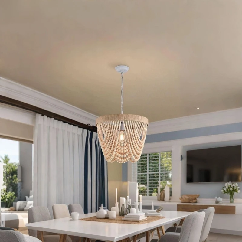 

Creative American Style Wooden Beads Suction and Hanging Dual-use Lamps Living Room Dressing House Personalized Chandelier