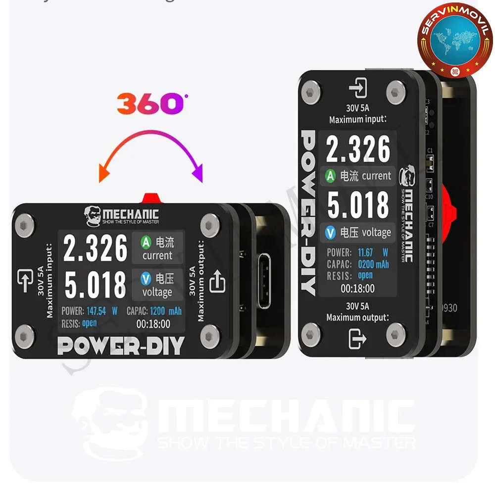 Amperímetro Digital DIY de potencia mecánica, prueba de voltaje de teléfono móvil multifuncional, amperímetro Digital DIY, herramientas de prueba de pantalla giratoria