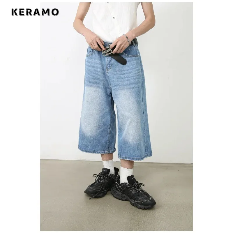 Vintage Streetwear Women Jeans 2024 Summer Loose Male Wide Leg Knee Length Shorts Men\'s Oversize Fashion Denim Trouser Pants Y2K