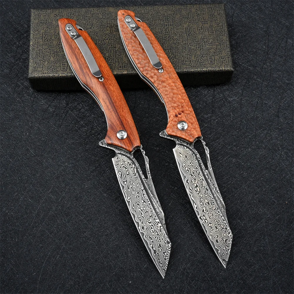 KESIWO SD02 VG10 Damascus Blade Folding Knife Wood Handle Flipper Utility Pocket Outdoor Camping Hunting Survival Kitchen Knife