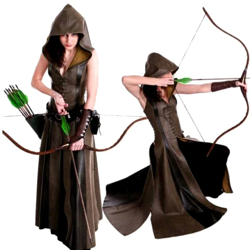 

Women Sexy Lace Up Leather Hooded Medieval Dress Adult Ranger Cosplay Clothes Medieval Halloween Costumes