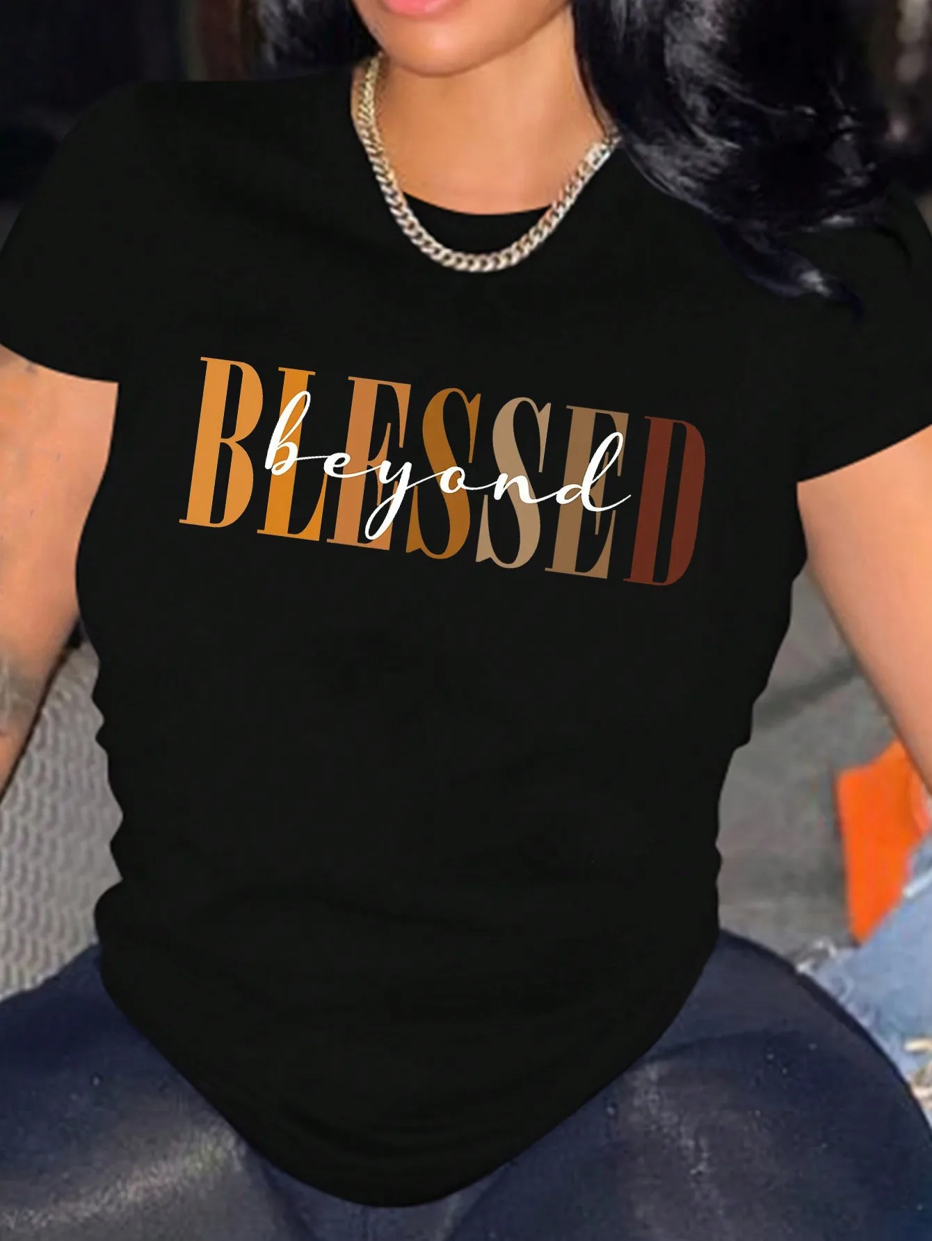 

Blessed Letter Print Crew Neck T-shirt Casual Short Sleeve Top For Spring & Summer Women s Clothing