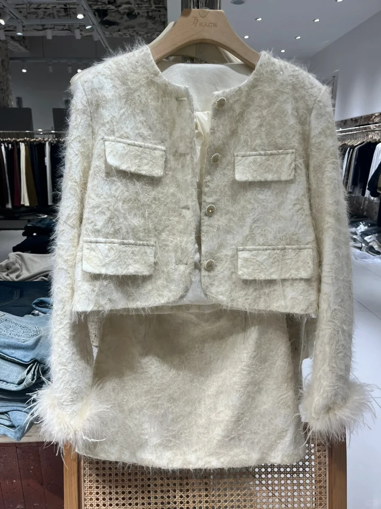 

Autumn French Vintage Elegant Woman 2 Piece Set Velvet Pocket Design Coat+ High Waist Casual Skirt Female Korean Popular Clothes