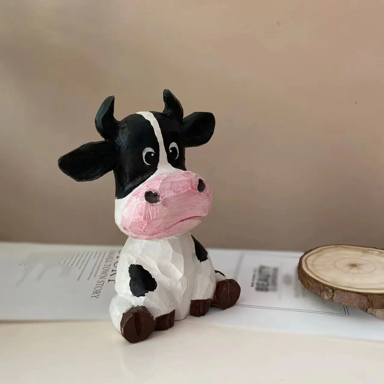 Hand Carved Wooden Cow Figurine Solid Wood Mini Tabletop Cute Rustic Zoo Souvenir Decor Gift For Home Office Collectors