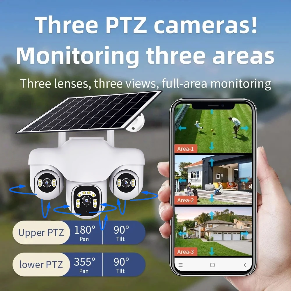 HD AOV الشمسية في الهواء الطلق 4G كاميرا 3 عدسة PTZ 3 شاشة 24 ساعة كشف الإنسان CCTV الأمن حماية للرؤية الليلية كاميرات مقاومة للماء