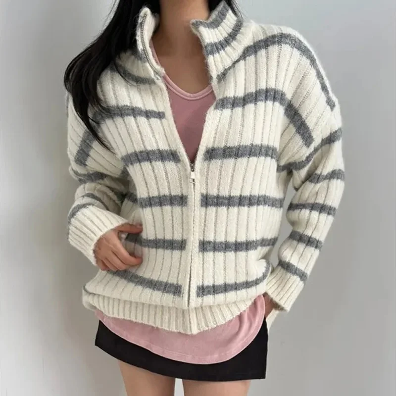 Korean Sle Loose Striped All-Match Stand Collar Zipper Knitted Cardigan Women's Spring New Faion Personali Thi Sweate...
