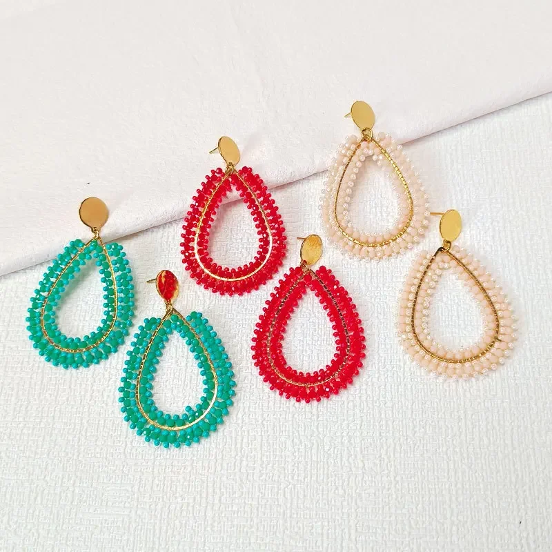 

Rice bead earrings Water drop Originality Hand knitting Bohemia Alloy Crystal Hollow out Fashion Simple Beaded earrings