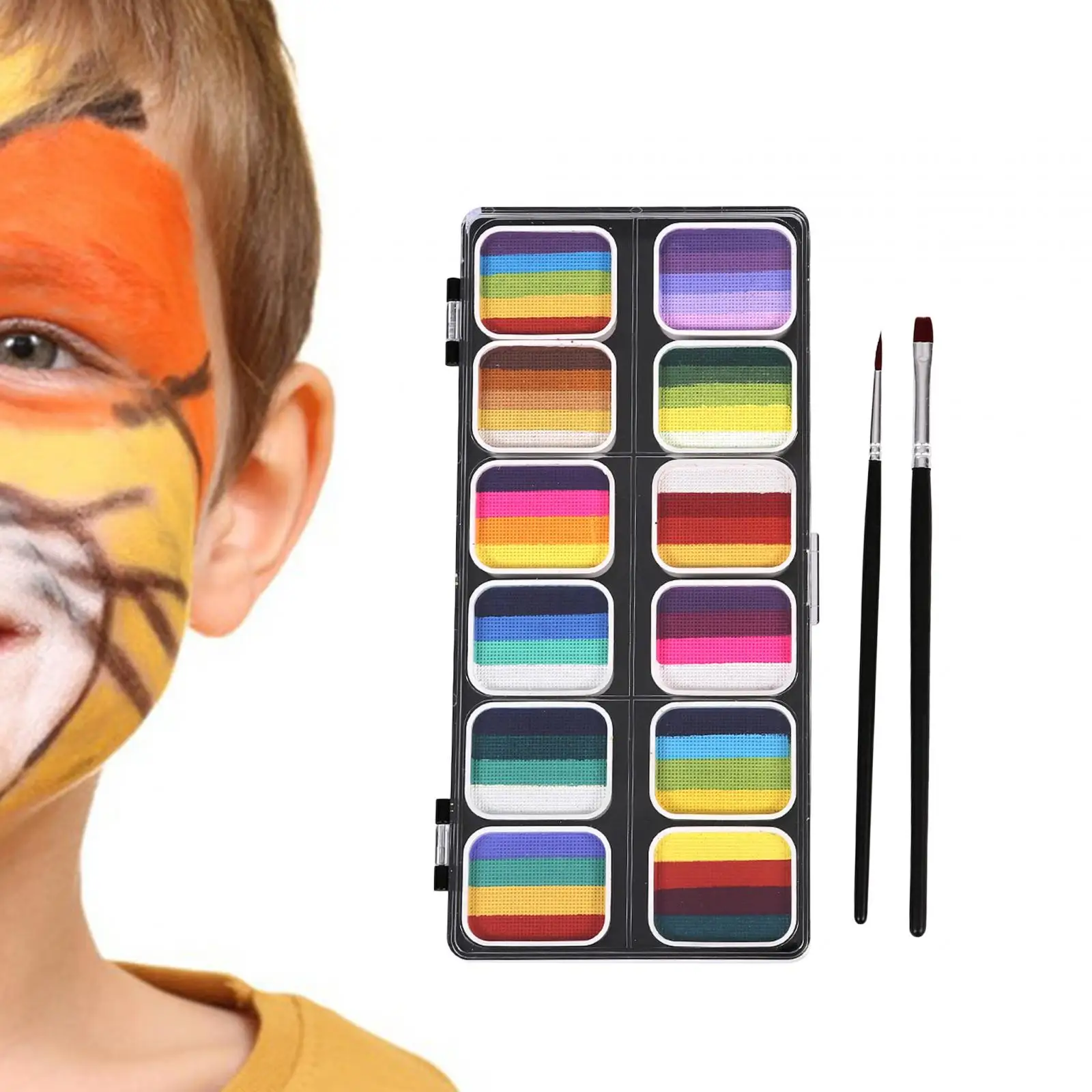 Face Paint Palette Makeup Kit 12 Water based Paints for Halloween Cosplay Practical with 2 Brushes Face Painting Set Colorful