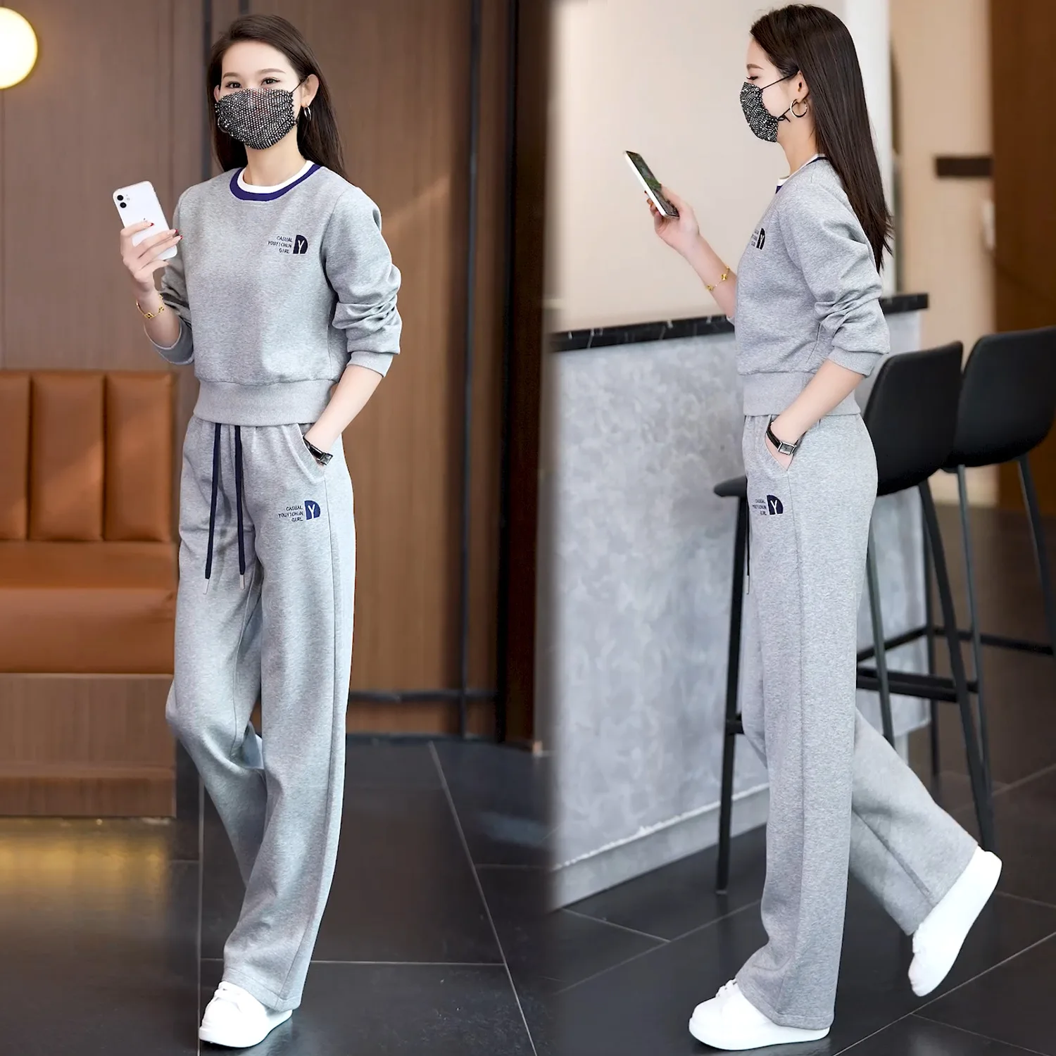 Casual Foreign Style Round Neck Sports Suit Women\'s Spring New Fashion Temperament Age-reducing Wide-leg Pants Two-piece Trendy