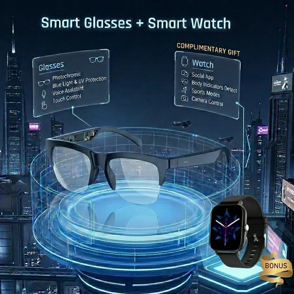 Photochromic Smart Glasses Smart Watch Set Anti Blue light Bluetooth Call HIFI Men Women Sunglasses UV400 Sports Fishing Work