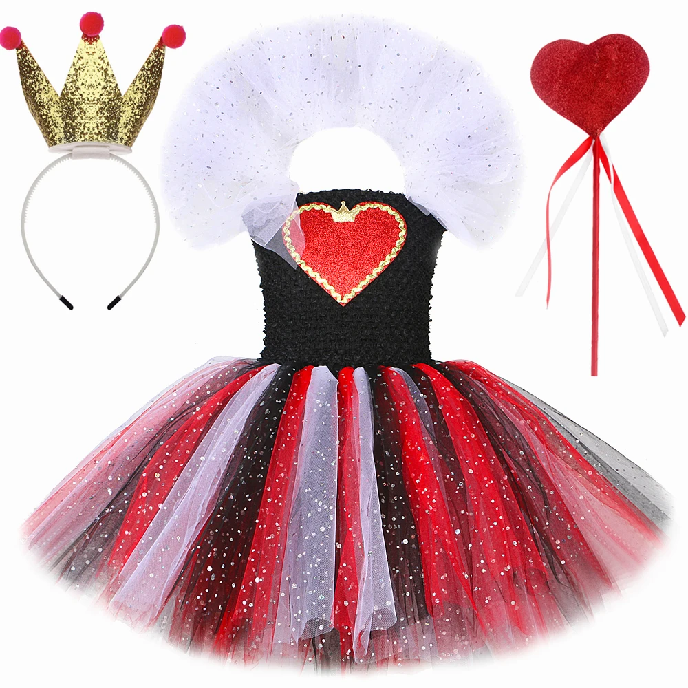 

Glitter Red Queen of Hearts Costume for Girls Halloween Carnival Party Clothes Wonderland Cosplay Kids Fancy Tutu Princess Dress