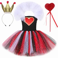 Glitter Red Queen of Hearts Costume for Girls Halloween Carnival Party Clothes Wonderland Cosplay Kids Fancy Tutu Princess Dress