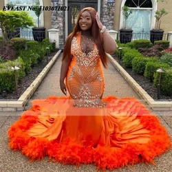 EVLAST Customized Orange Velvet Prom Dress For Black Girl Mermaid Evening Gown Luxury Feathers Celebrity Party Formal Gowns P184