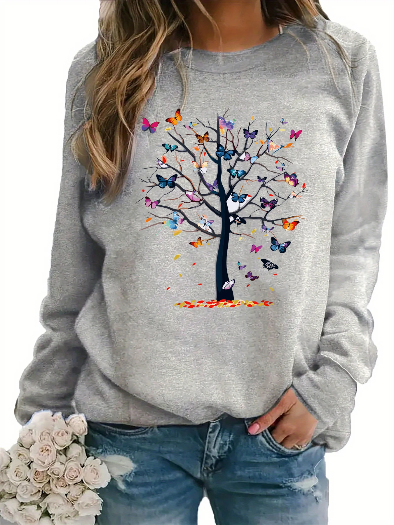 سترة نسائية للخريف والشتاء كاجوال فضفاضة ومريحة ودافئة على شكل شجرة فراشة مطبوعة برقبة دائرية وأكمام طويلة