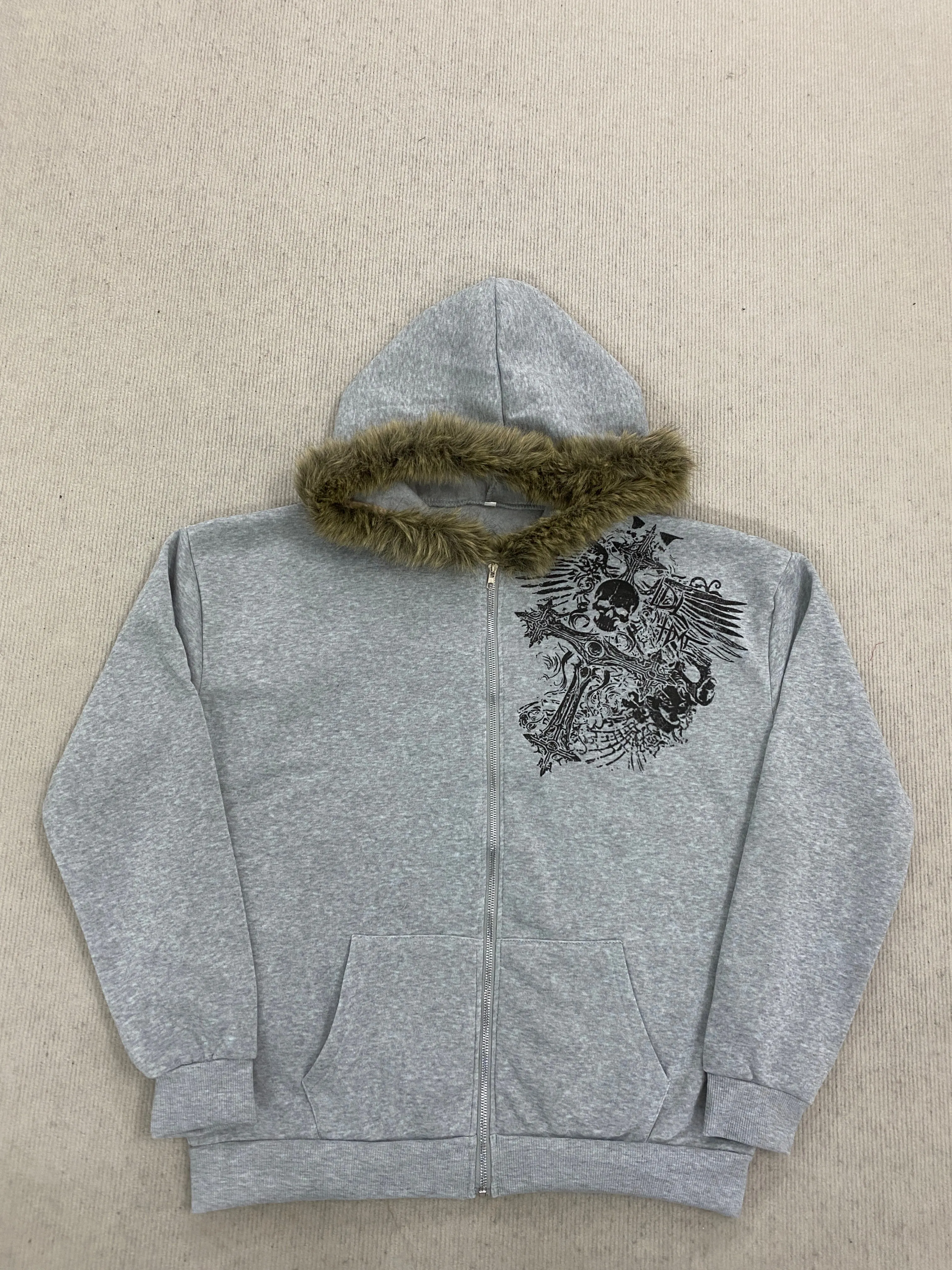 Kapuzenpullover mit Kunstfellkragen und Reißverschluss, Totenkopf-Kreuz-Print, Retro-Oversized-Gothic-Streetwear, Punk-Langarmjacke – Detail 4