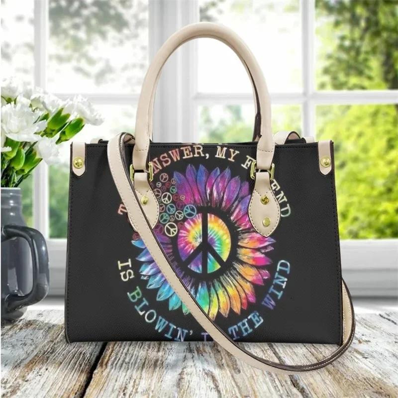 Peace Symbol Floral Print Messenger Bag PU Top Handle Vintage Women's Luxury Shoulder Bag New Fashion Casual Tote Bolsa Feminina