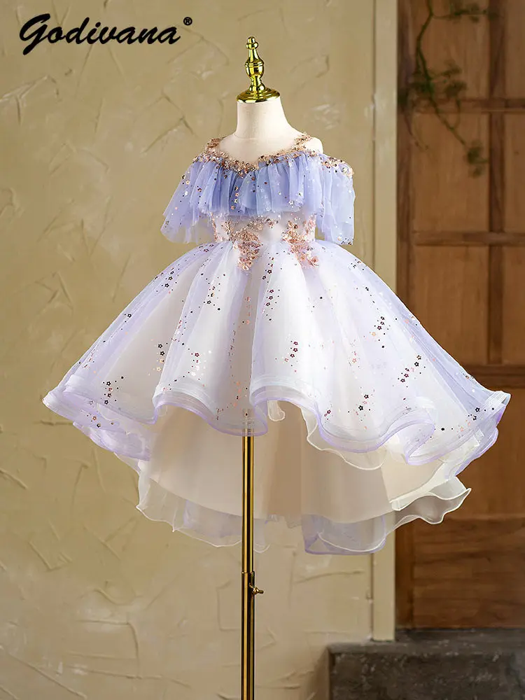 High End Purple Baby Girls Summer Sequin Birthday Party Princess Straps Dress High-low Hem Flower Girl Wedding Performance Gown