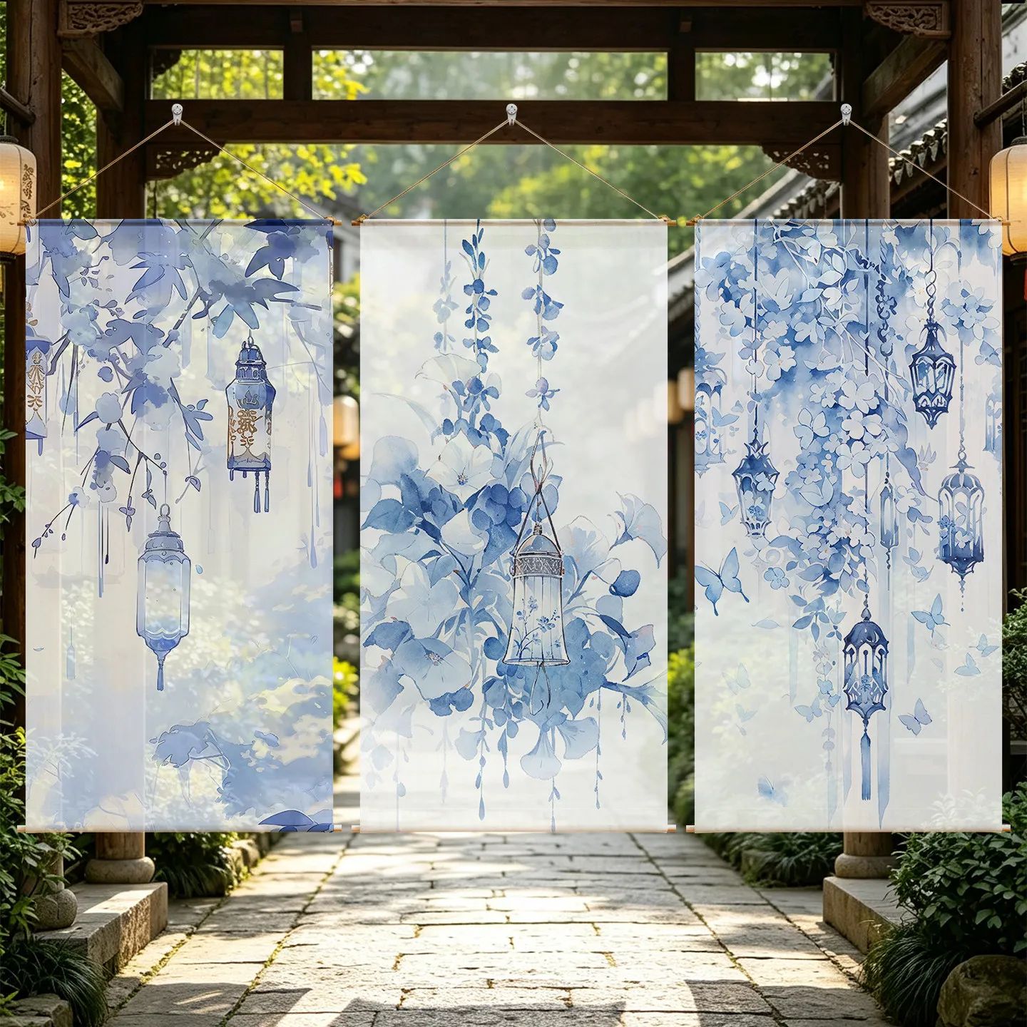 Blue Floral Lantern Hanging Room Divider – Semi Transparent Sheer Gauze Curtain for Market Booth, Cafe Window Display