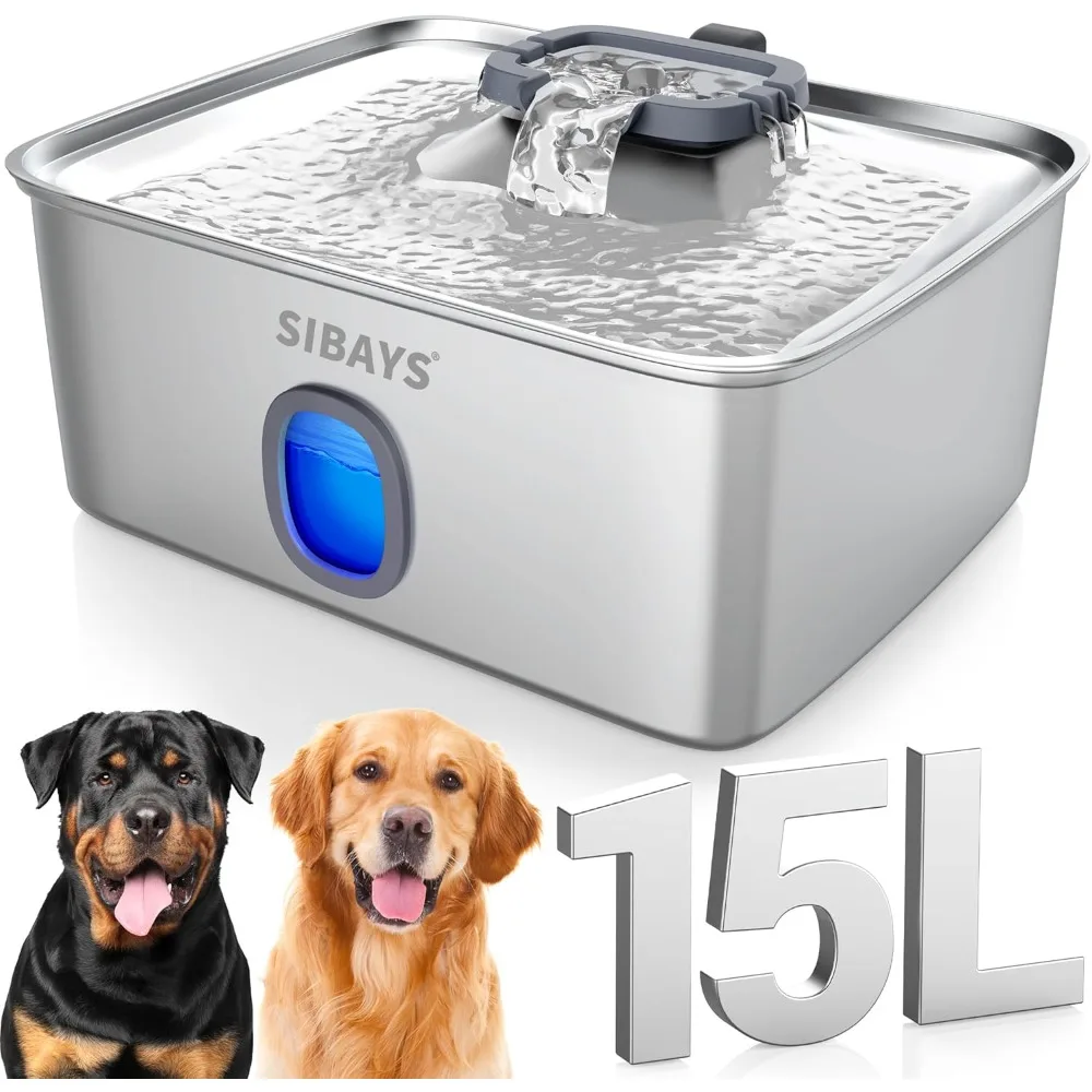 

4Gal/15L Large Dog Water Fountain, Stainless Steel Pet Fountain with Water Window & LED Light, Ultra Quiet Automatic Dog Water