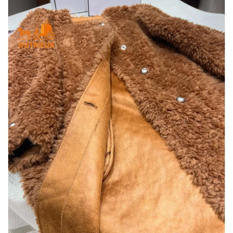 24 Winter New Fur Coat for Women, Fashionable Long Round Neck Teddy Bear Lamb Wool Coat with Scarf Loose Silhouette Warm Jacket