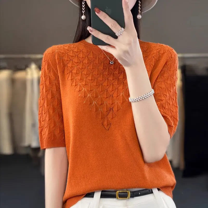 Summer Clothing Women Loose Hollow Out T-shirt Solid Round Neck Half Sleeve Versatile Fashion Casual Vintage Thin Knitted Tops