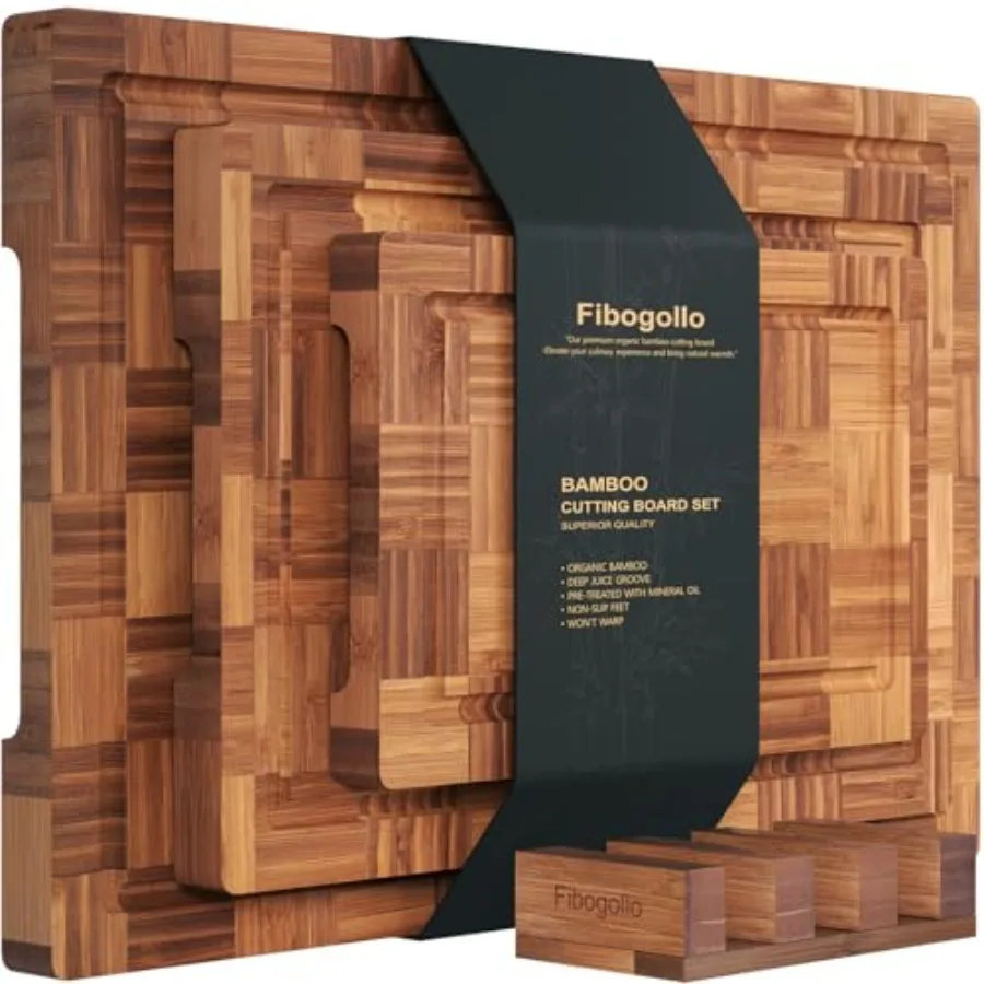 

Bamboo Cutting Boards for Kitchen, Chopping Boards Set with Juice Groove, End Grain Bamboo Butcher Block, Serving Board with Ho